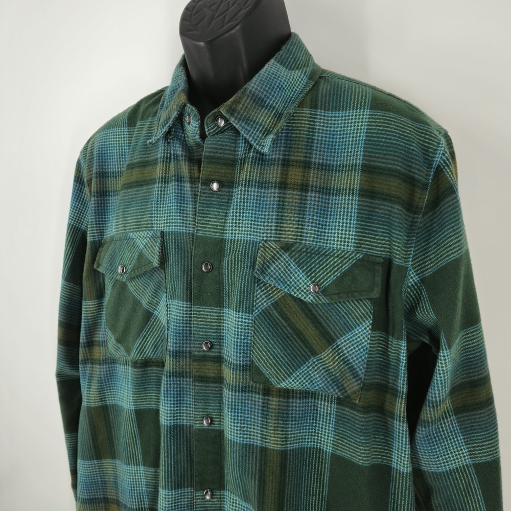 Troll Co Luther Flannel Shirt Men's Size Large‎ Green Plaid Pearl Snap Workwear